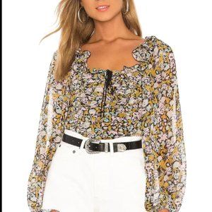 Free People Mabel Printed Blouse Ruched Puffy Sleeves Lace Up Front Boho Women-S